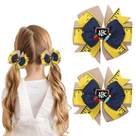 Back to School Bows for Girls First Day of School Hair Bows Accessories Yellow Hair Clips with Dark Blue Bow Ruler Design Cute Barrettes Accessories for Styling Student Teacher Supplies Gifts
