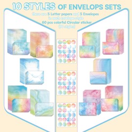 160 Pieces Watercolor Stationary Paper Set - 50 Lined Stationery Writing Papers 50 Matching Envelopes 60 Round Sticker Seals, 10 Cute Unique Design (Watercolor, 5.5 x 8.25 Inch)