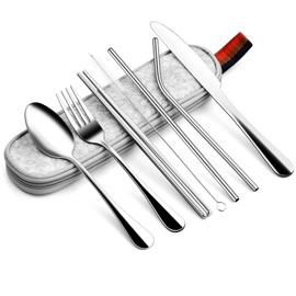 8Pzs Juego de Cubiertos Portátiles, Cubiertos de Acero Inoxidable con Estuche de Viaje, Incluye Cuchillos,Tenedores,Cucharas,Perfectos para Acampar, Escuela y Oficina, Aptos para Lavavajilla, Plateado