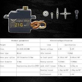 21G Micro Servo with 25T Arm,Digital Servo Full Metal Gear Rotation Angle 180°270°360°for 1/14 1/16 1/18 RC Crawler Car,Truck, Robot Upgrade Parts (360°)