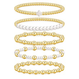 Gold Beaded Bracelets for Women, 14K Real Gold Plated Jewelry for Women Dainty Pearl Bead Bracelets Stack, Non Tarnish Trendy Stackable Ball Cross Stretch Bracelet Set Fashion Accessories Gifts for Women (Gold white cross bead)