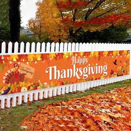 Large Happy Thanksgiving Banner | 120x20 Inch Turkey Maple Leaf Pumpkin Yard Banner | Indoor Outdoor Home House Party Supplies, Yard Sign Background Photography