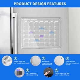 AITEE Acrylic Magnetic Dry Erase Board Calendar for Fridge, 16"x12" Inches Clear Monthly Planner for Refrigerator Includes 6 Dry Erase Markers with 3 Colors