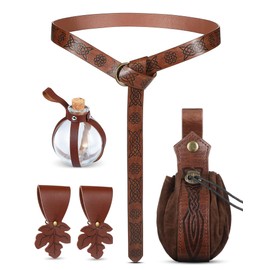 Sweetude 6 Pcs Renaissance Belt Medieval Viking Belt Potion Bottles Leather Belt Pouch Skirt Hikes(Brown,Elegant Style)