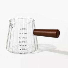 Thalasspire Espresso Cups 6oz/180ml Measuring Cups Glass Espresso Shot Cups Ribbed Espresso Shot Glass with Wooden Handle,Coffee Bar Accessories Milk Frothing Pitcher