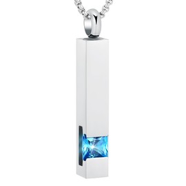 12 Birthstone Bar Cremation Necklace for Women Men Stainless Steel Memorial Urn Jewelry Hold Ashes Keepsake Pendant (Little Blue Stone)