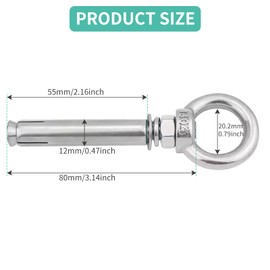 2 Pcs Long Eye Bolt with Ring M8 x 70 mm 304 Stainless Steel Wall with Nut Washer Expansion Anchor Bolts Masonry Concrete Screws