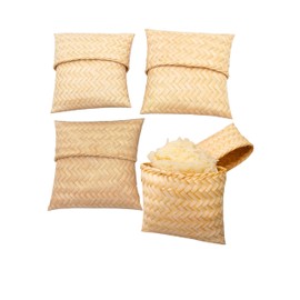 Sticky Rice Basket 4(3.5) x 4(3.5) In., Kratip Bamboo Steamed Sticky Rice Container, Thailand Handmade Serving Basket, Original Color, Thai and Laos Flat for Home, Restaurant (Flat Kratip Pack of 4)