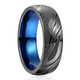 VAKKI 8mm Damascus Steel Wedding Ring Gunmetal Grey for Men With Blue Inner Ring Comfort Fit Size R 1/2