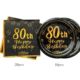 36PCS Happy Birthday Decorations Black Gold Party Supplies Set Includes Disposable Paper Birthday Plates and Napkins for 80th Decorations