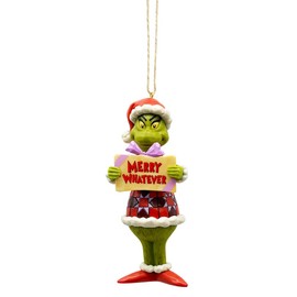 Enesco Dr. Seuss Grinch by Jim Shore Merry Whatever Sign Santa Grinch Hanging Ornament, Hand Crafted, Hand Painted Collectible Christmas Tree Ornaments Home Decor Collection Gift, 5 Inch, Multicolor