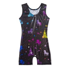 HOZIY Gymnastics Leotards with Shorts for Girls Toddlers Kids Biketard Tumbling Outfits Sparkle Unicorn Leopard Galaxy, Castle Unicorn, 4-5 Years
