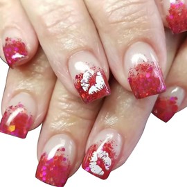 Valentines Press on Nails Medium Square Fake Nails With Lips Designs Red Glitter French Tip False Nails Full Cover Stick on Nails Acrylic Artificial Romantic Nails for Women 24 Pcs