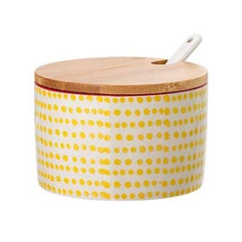 Bloomingville Susie Retro Salt Pot with Lid and Spoon Sugar Bowl Vintage Pot for Jam Diameter 10 cm Yellow Ceramic Holds Approx. 250 ml
