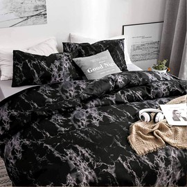 Nanko Black King Size Duvet Cover Set, Dark Marble Print Pattern 3 Pieces 104x90 Luxury Microfiber Bedding Quilt Comforter Cover with Zipper, Ties - Modern Farmhouse Bed Sets for Men and Women Teen