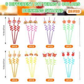24 Pcs Hippie Boho Themed Silly Straws, 8 Colors Groovy Party Favors Reusable Plastic Crazy Straws for Hippie Themed Parties, Retro Music Festivals, Psychedelic Weddings, With 2 Cleaning Brushes
