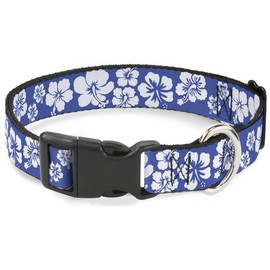Buckle-Down 15-26" Hibiscus Blue/White Plastic Clip Collar, Large