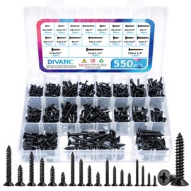 DIVANC 550Pcs 304 Stainless Steel Wood Screws Assortment Kit, Phillips Flat Head Sheet Metal Screws Self Tapping Screws Set, #4#6#8#10#12 Wood Assorted Screw (Black-Flat Head 550PCS)