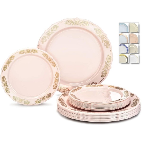 " OCCASIONS" 240 Plates Pack,(120 Guests) Vintage Wedding Party Disposable Plastic Plates 120x10.25'' Dinner + 120 x 7.5'' Salad/Dessert Plate (Portofino Light Pink/Blush & Gold)