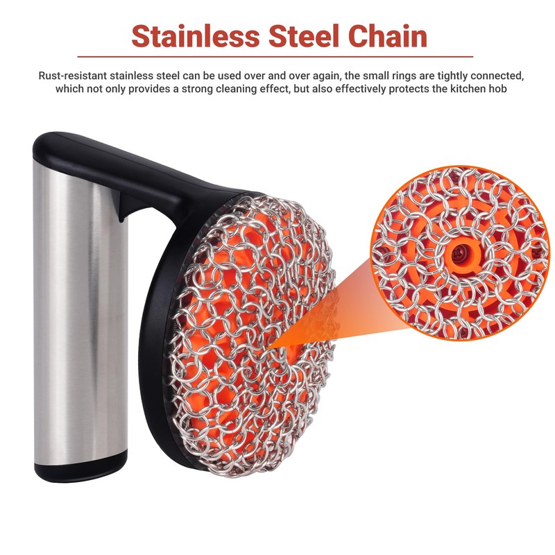Skyflame Cast Iron Scrubber with Handle, Stainless Steel Chainmail Scrub,