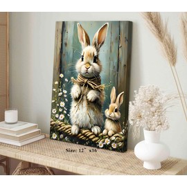 Farmhouse Rabbit Wall Art,Bunny Easter Flower Wall Decor Framed Canvas Wall Art,Vintage Rabbit Prints,Rustic Bunny Spring Wildflower Wall Decor for Living Room Farmhouse Dorm(12"x16")