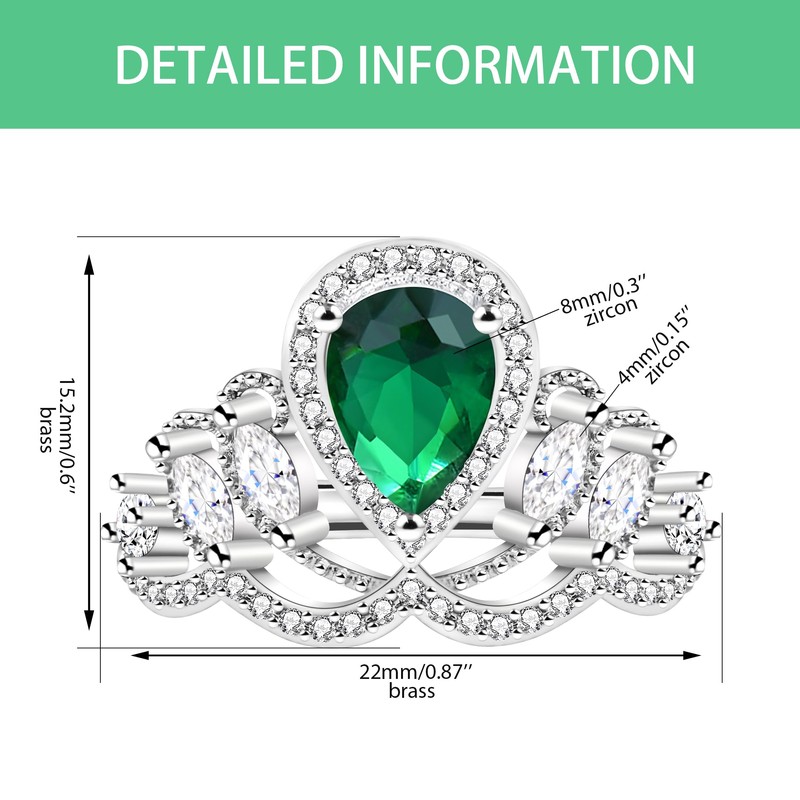 Uloveido Green Cubic Zirconia Crown Teardrop CZ Ring - Elegant