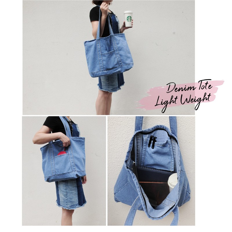 Hoxis Light Weight Soft Denim Tote Unisex Shopper Shoulder Handbag,