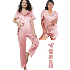 WJing Yi Jia 5Pcs Womens Silk Satin Pajamas Sets XS-XXL Short Pj Sets Button Down Pjs Set Sleepwear Loungewear Pale Rose