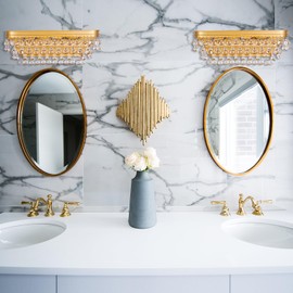 Wellmet Bathroom Vanity Light 3-Lights, Gold Vanity Lights Fixture with K9 Crystals, Modern Wall Lighting Over Mirror, Modern Crystal Bathroom Light Fixtures