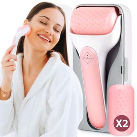 Facial Ice Roller for Face Premium with Carry Case and 2X Rollers for Long Lasting Cold - Eye Roller for Puffy Eyes & Cold Massage for Migraines (Ice Roller) - Color: Pink (with case)
