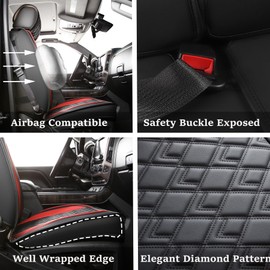 JOJOBAY Chevy Silverado Seat Covers,Leather Seat Covers for GMC Sierra,Custom Fit 2007-2024 1500 2500HD 3500HD Crew Double Extended Regular Cab,LT LZT RST Trail Boss(Front Pair,Black Red)