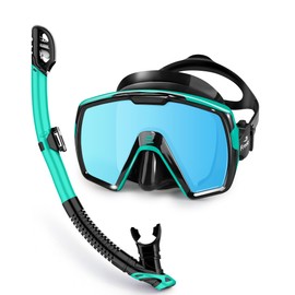 Freela Adult Dry Snorkel Set with Nose Cover for Men Women Youth Scuba Diving Mask with Mirrored Blue Len, Tempered Glass 180° Wide View, Anti Fog No Leak Snorkeling Gear for Breathing Swimming Diving