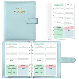 Qefuna A5 6 Löcher Loseblatt PU Tagesplaner undatiert,Notizbuch mit To Do Liste Aufgabenliste Terminplaner 140 Seiten/70 Blatt Notizblöcke Hard Cover Tagesplanung, für planner,tagesplan-Blau