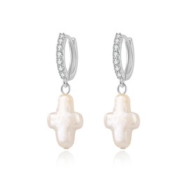 Cross Pearl Earrings Silver Pearls Huggies Earrings Baroque Freshwater Silver Cross Pearls Earrings with White Cubic Zirconia for Women