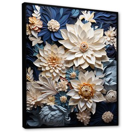 DesignQ Flowers Wall Art, Radiant Paper Mache Flower Blossoms, Flowers Large Black Framed Wall art decor, Beige Canvas wall art, 30x40 inches