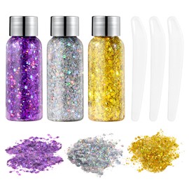 URAQT Body Glitter Gel, 3Pcs Holographic Mermaid Sequins Glitter Chunky Cosmetic Glitter Face and Body Gel, Sparkling Festival Party Lotion Glitter for Face Body Eye Hair Nail Makeup and DIY Art