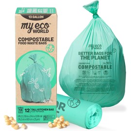 MyEcoWorld Compostable Food Waste Bag - 12 Count - 100% BPI Certified Compostable - AS5810 & EN13432 Compliant - Large - 13 Gallon - Super Strong - Leak Proof - Unscented - Easy to Open - Kitchen Bag