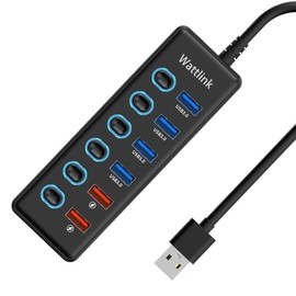 USB Hub, 6-Port USB 3.0 Hub Splitter (4 USB 3.0 Data Ports + 2 QC 3.0 Fast Charging Ports) with Individual LED Switches for Mac, PC(no Power Supply)