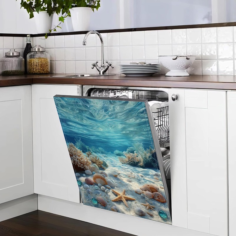 Washable Seashells Starfish Dishwasher Magnetic Cover for Kitchen Decor, Refrigerator