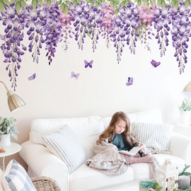 Hanging Purple Flower Vine Wall Decals Wisteria Floral Wall Stickers Green Leaves Pink Flowers Wall Art Removable Garden Plant Watercolor Floral Peel and Stick Wallpaper for Girls Bedroom Window Decor
