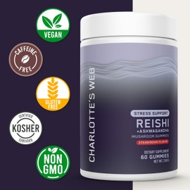 Charlotte's Web Stress Support Mushroom Gummies w/Reishi, Ashwagandha, Rhodiola Rosea Supplement — Natural Supplement — Strawberry-Flavored Ashwagandha Gummies (30 Servings)
