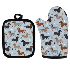 Showudesigns Pot Holder and Pot Holder Set of 2, Dachshund Print, Kitchen Decoration, Soft Cotton Lining, Oven Gloves, Heat Resistant Pot Pads with Non-Slip for Barbecue, Cooking, Baking, Grilling
