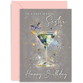 Old English Co. Happy Birthday Card for Sister - Stylish Sister Birthday Card - Cocktail Design - Contemporary Female Birthday Card for Her - 30th 40th 50th 60th 70th | Blank Inside