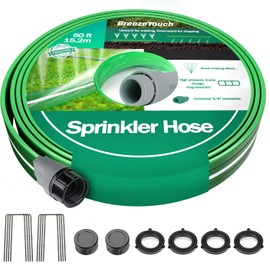 Breeze Touch 50FT Sprinkler Hoses, Flexible Garden Hose with High-Mist Spray, Leakproof Flat Irrigation Hose, Grass Watering Soaker Hose with Stakes for Lawn & Yard