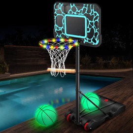 Pool Basketball Hoop Adjustable Swimming Pool Basketball - 7-Height Water Basketball Goals System with PC Shatterproof Backboard & 2 Balls, Outdoor Pool Accessories, Portable Basketball Hoop with LED