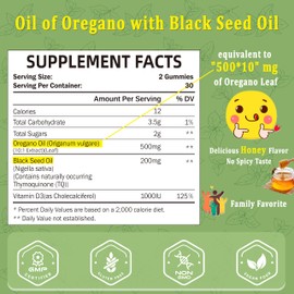 SUGAWITA Oil of Oregano with Black Seed Oil + Vitamin D3 | 3 in 1 Oregano Oil 500mg Gummies for Immune Health | Retains High Concentrated Carvacrol & Thymoquinone | Non-GMO, Vegan | 60 Chews