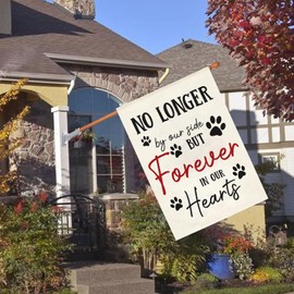 Pet Memorial House Flag No Longer By My Side Forever in Our Heart 28x40 Inch Double Sided Burlap Pawprints Lost Pet Cat Dog Bereavement Gift Outdoor Yard Decor