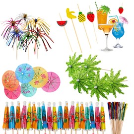 YHCHLHFF 220 Pcs Beverage Umbrella Coconut Tree Picks Cocktail Firework Sticks Fruit Sticks for Bars Fruit Plate and Birthday Parties Cocktail Accessories (4 Styles)