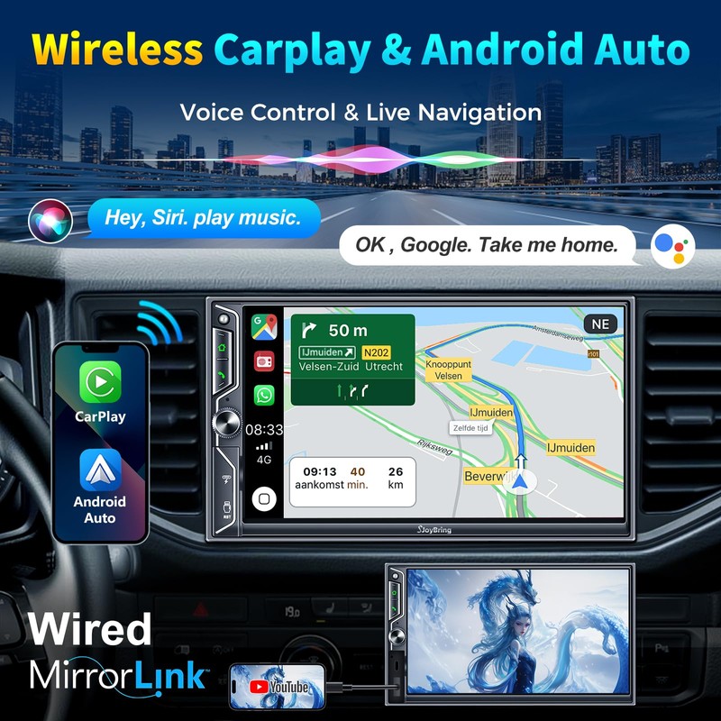 SJoyBring 7-Inch Double Din Car Stereo with Wireless CarPlay and