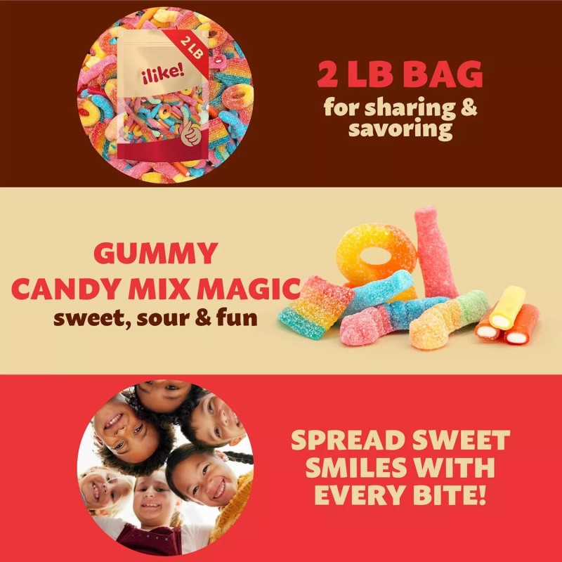 iLike! Gummy Candy Mix 2-Pound Bag, Peach Rings, Pencil Bites,